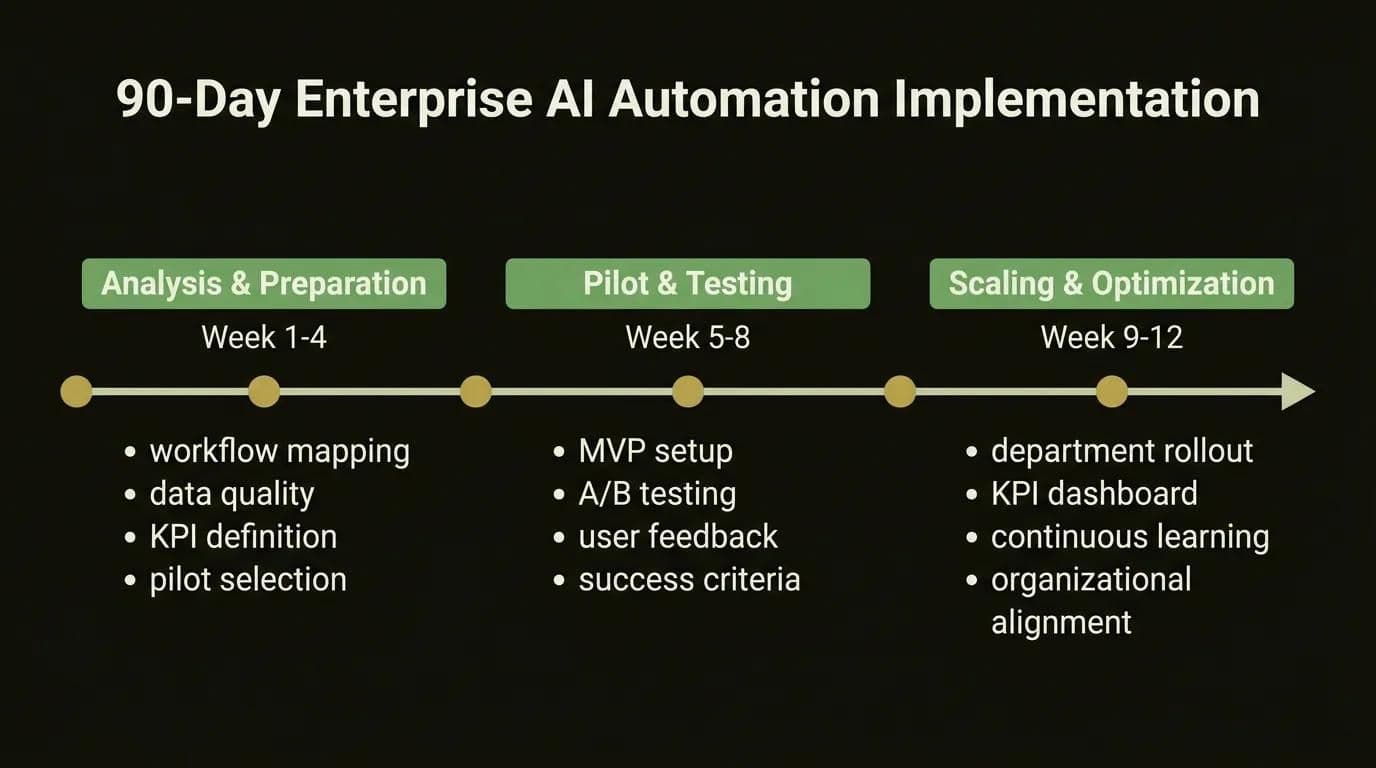 Roadmap implementasi otomatisasi workflow AI enterprise 90 hari: fase analisis proses, proyek pilot, dan scaling
