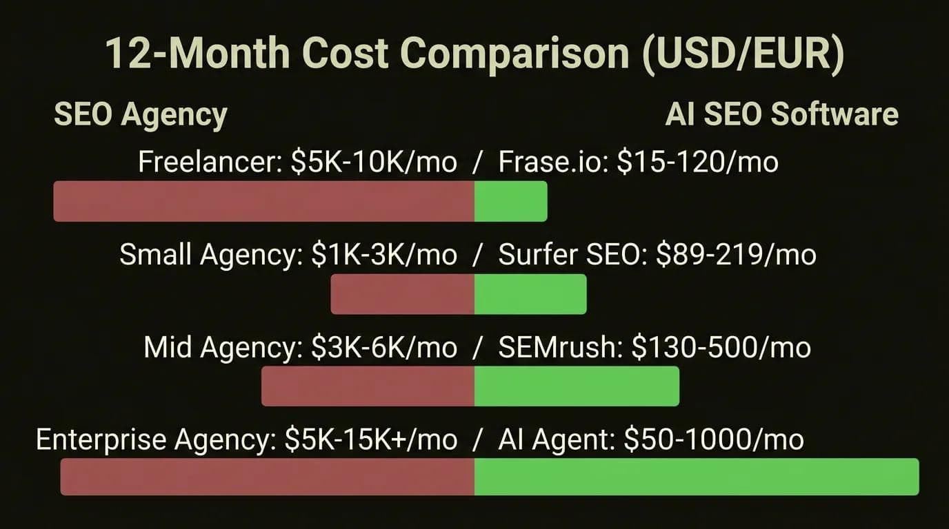 Infográfico de comparação de custos em 12 meses: agência de SEO vs software de SEO com IA