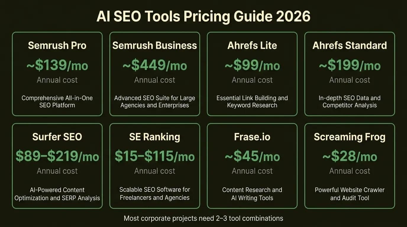 Guia de preços 2026 de ferramentas de SEO com IA: comparação das mensalidades de Semrush, Ahrefs, Surfer SEO e SE Ranking