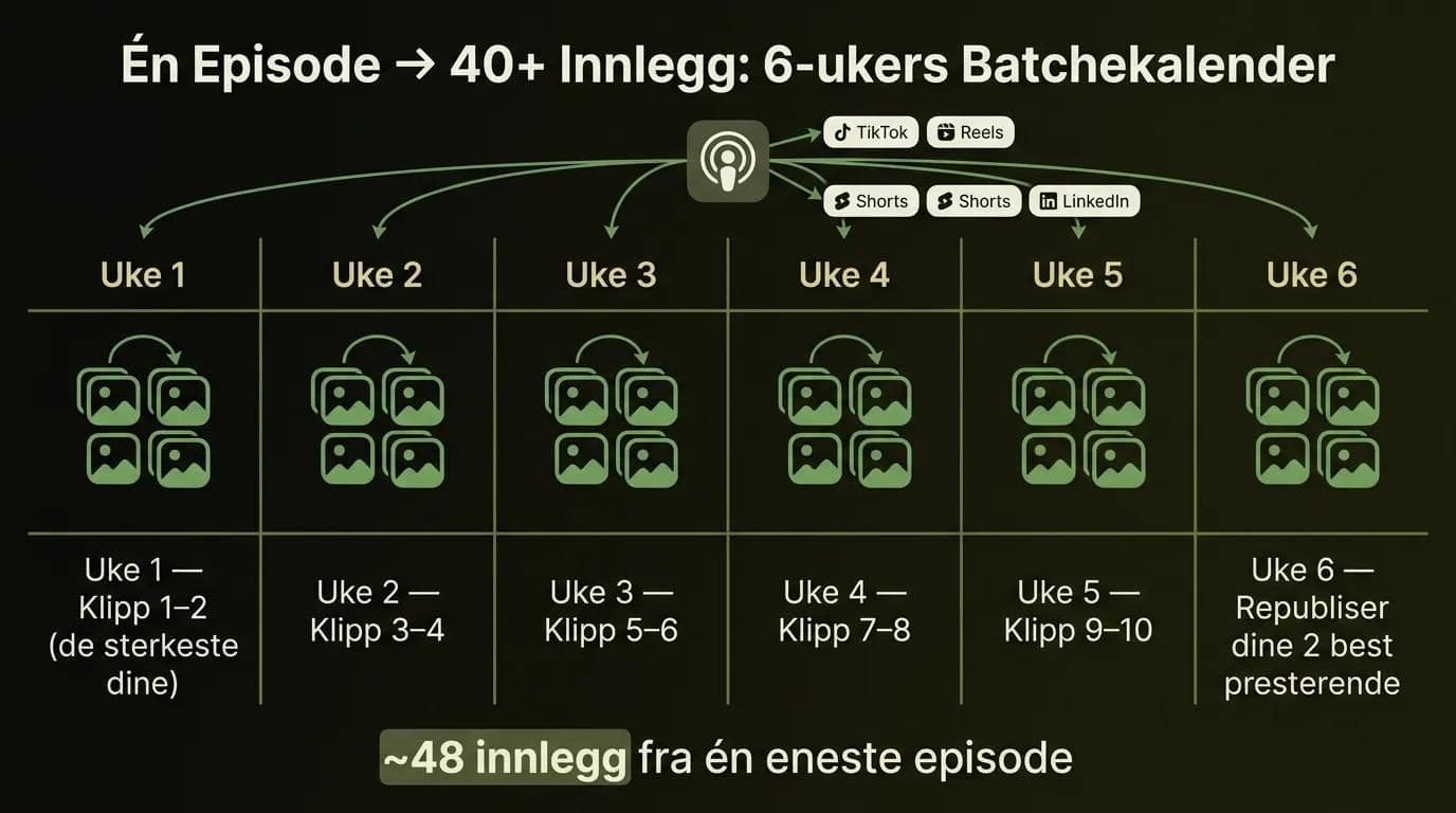 Seks ukers publiseringskalender som gjør én podcastepisode om til 40+ klipp for sosiale medier