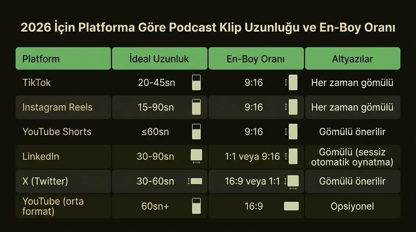 2026 için platforma göre podcast klip uzunluğu ve en-boy oranı