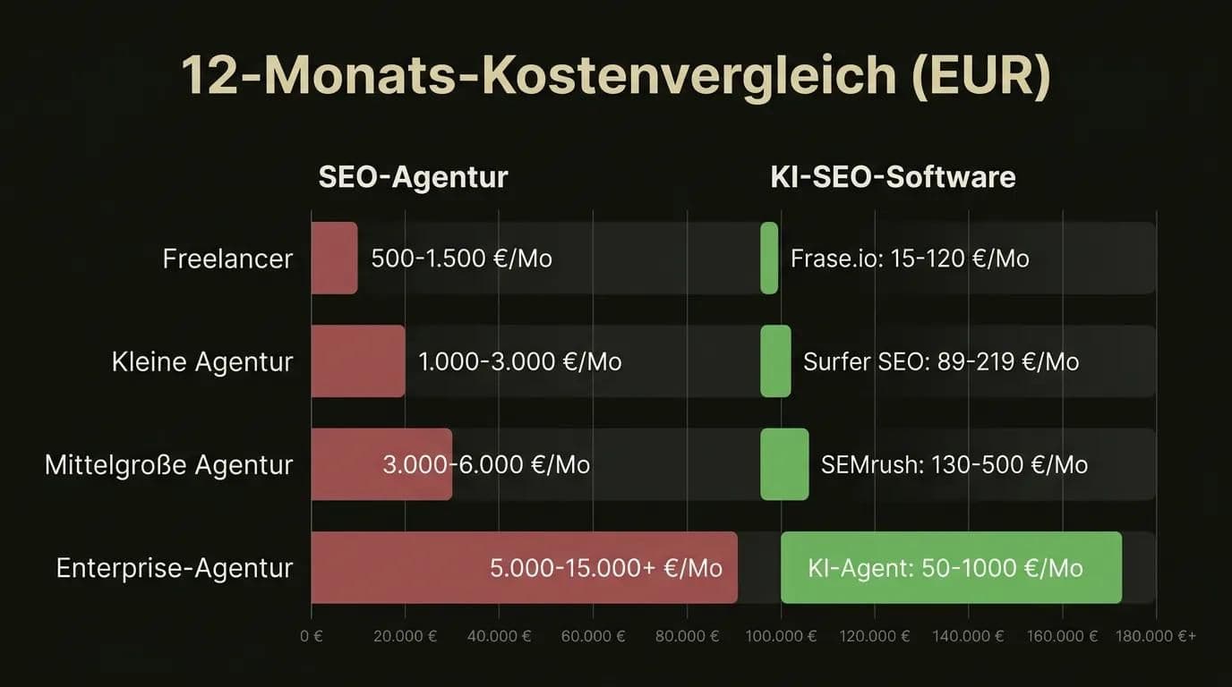 SEO-Agentur vs KI-SEO-Software 12-Monats-Kostenvergleich Infografik