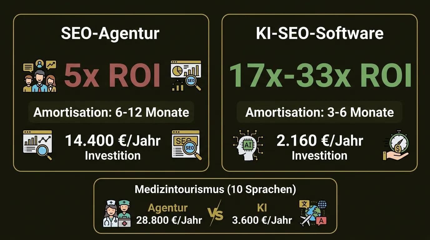 SEO-Investition ROI-Vergleich: Agentur 5x vs KI-Software 17-33x Infografik