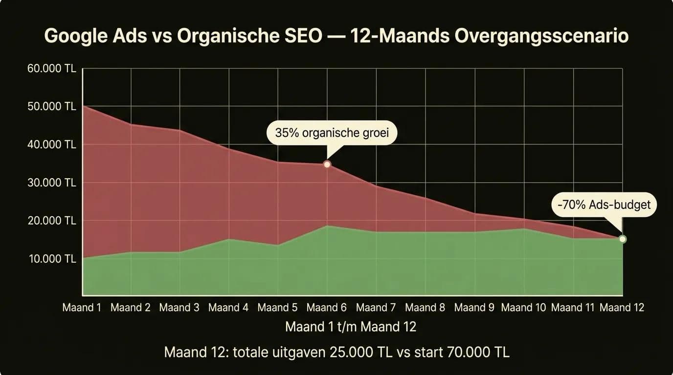 Google Ads budget vs organische SEO-investering 12-maands transitiescenario: Ads-kosten 70% verlagen
