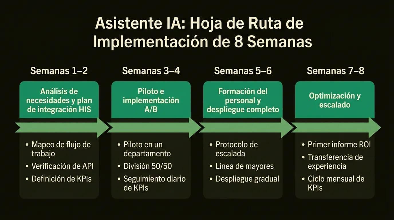 Infografía: Hoja de ruta de implementación de 8 semanas para asistente IA de citas hospitalarias