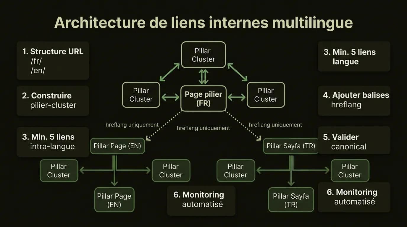 Diagramme d'architecture de liens internes pour site multilingue en 6 étapes