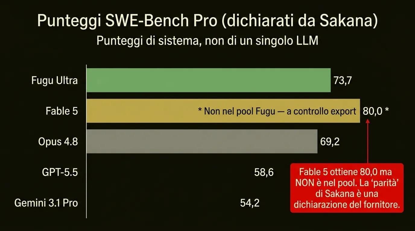 Grafico a barre confronto SWE-Bench Pro: Fugu Ultra 73,7, Fable 5 80,0 (fuori dal pool), Opus 4.8 69,2, GPT-5.5 58,6