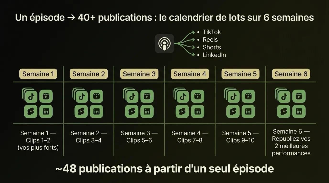 Calendrier de publication sur six semaines transformant un épisode de podcast en plus de 40 clips sociaux
