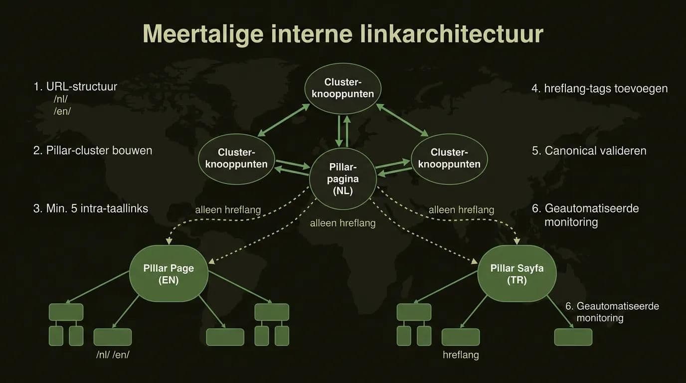 Meertalige website interne linkarchitectuur diagram met 6 opbouwstappen