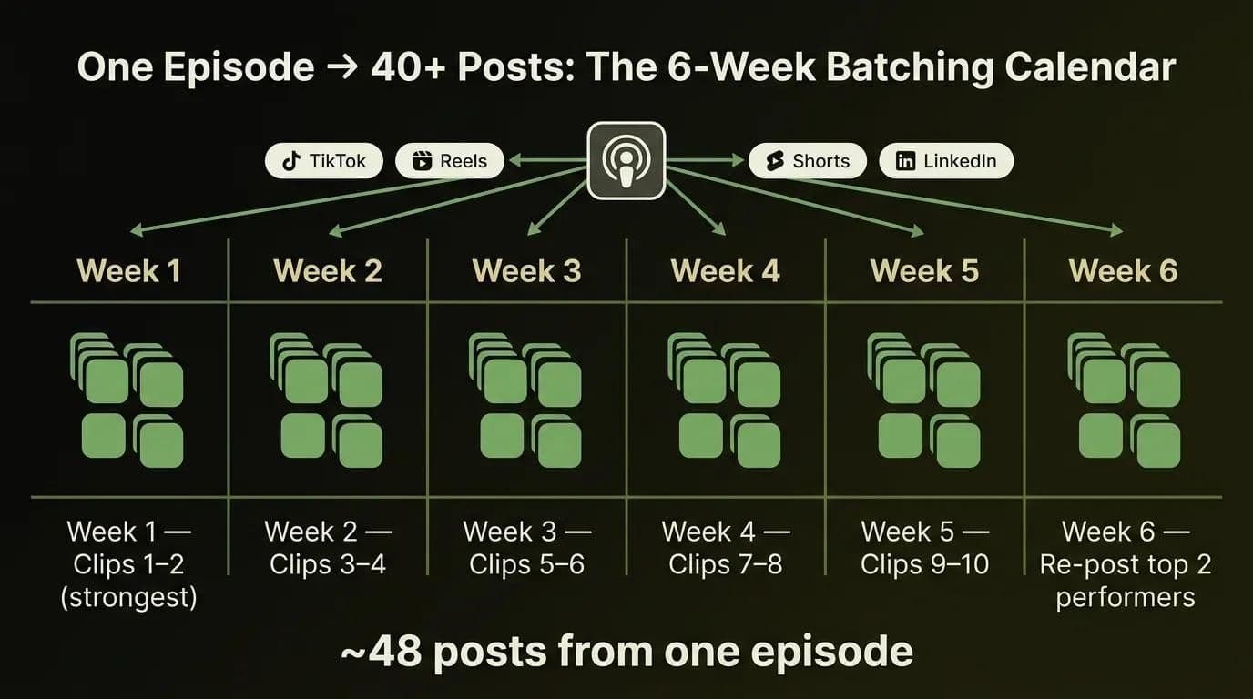 Six-week posting calendar turning one podcast episode into 40+ social clips