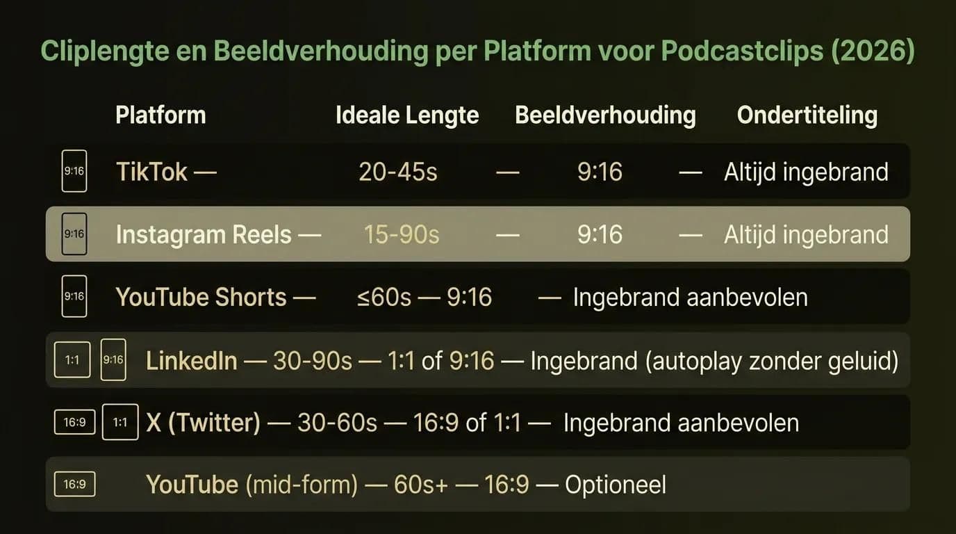Cliplengte en beeldverhouding per platform voor podcastclips in 2026