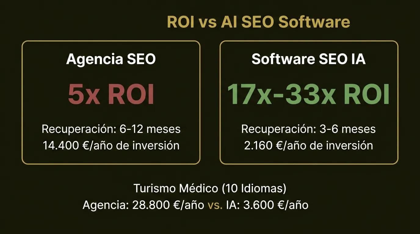 Comparación de ROI en SEO: agencia 5x vs software IA 17-33x infografía