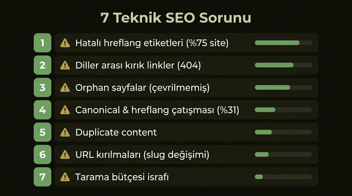Çok dilli sitelerde karşılaşılan 7 teknik SEO sorununun infografiği