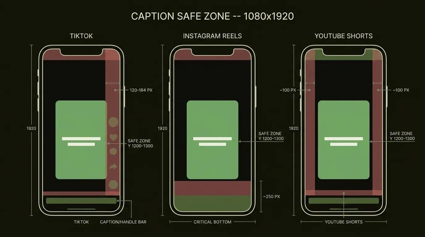 Zona segura de subtítulos para video vertical: especificaciones en píxeles de TikTok, Reels y Shorts en un cuadro 9:16