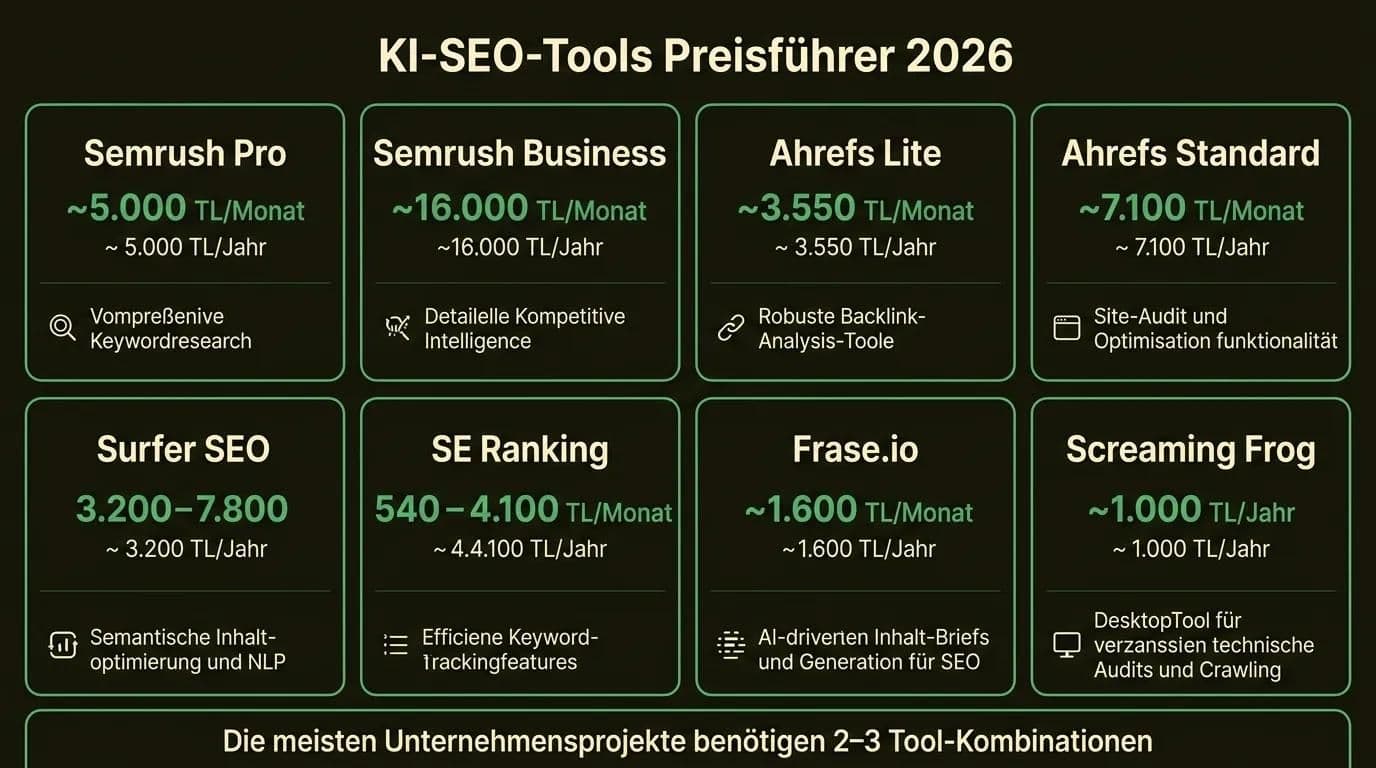 2026 KI-SEO-Tools Preisvergleich: Semrush, Ahrefs, Surfer SEO, SE Ranking monatliche Preise