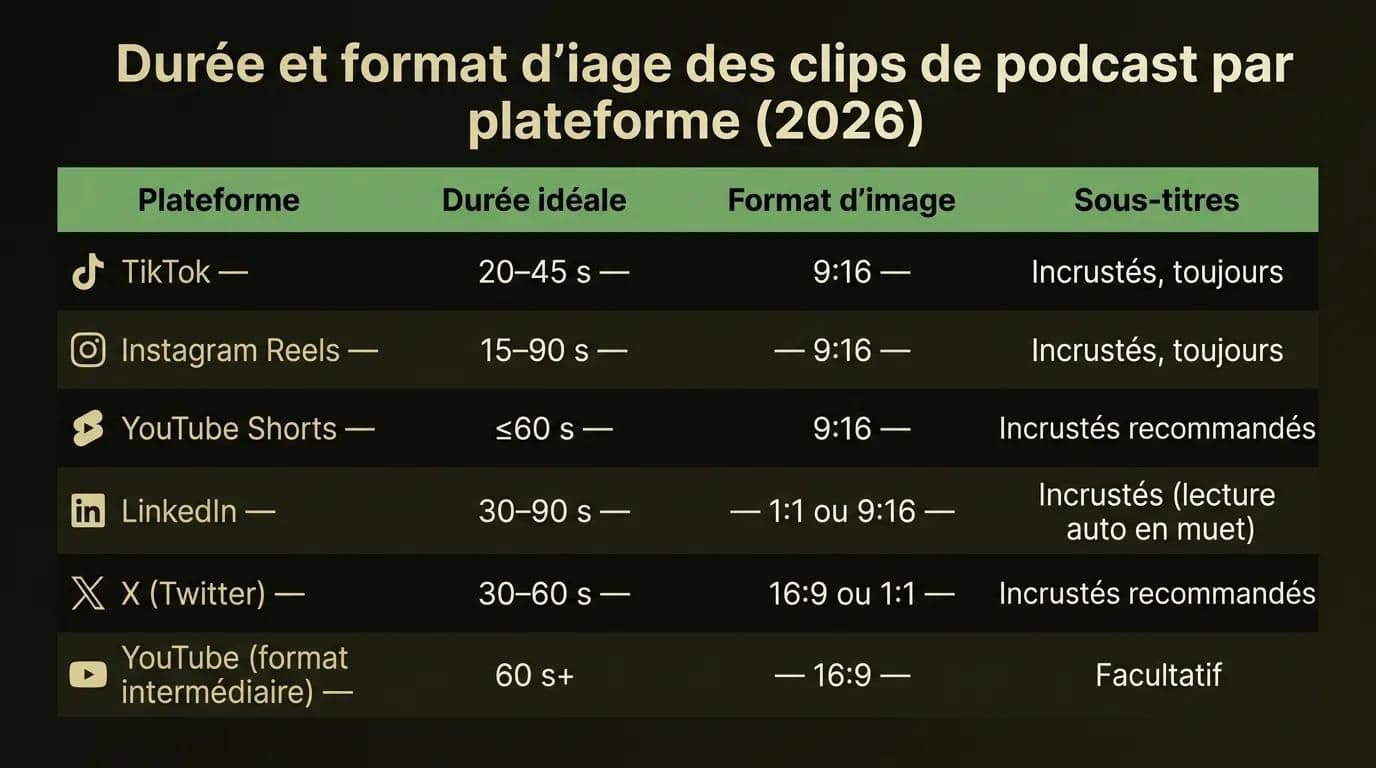 Durée et format d'image des clips de podcast par plateforme en 2026