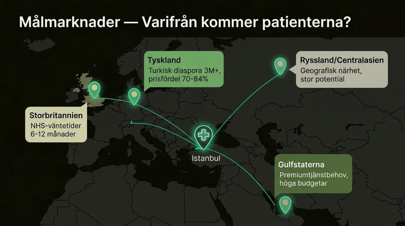 Karta över målländer för medicinsk turism — Tyskland, UK, Gulfstater och Ryssland som patientkällor