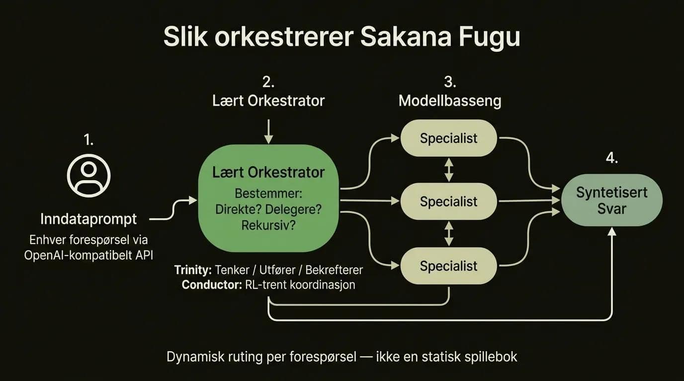 Flytdiagram som viser hvordan Sakana Fugus lærte orkestrator ruter, verifiserer og syntetiserer gjennom et spesialistmodellbasseng