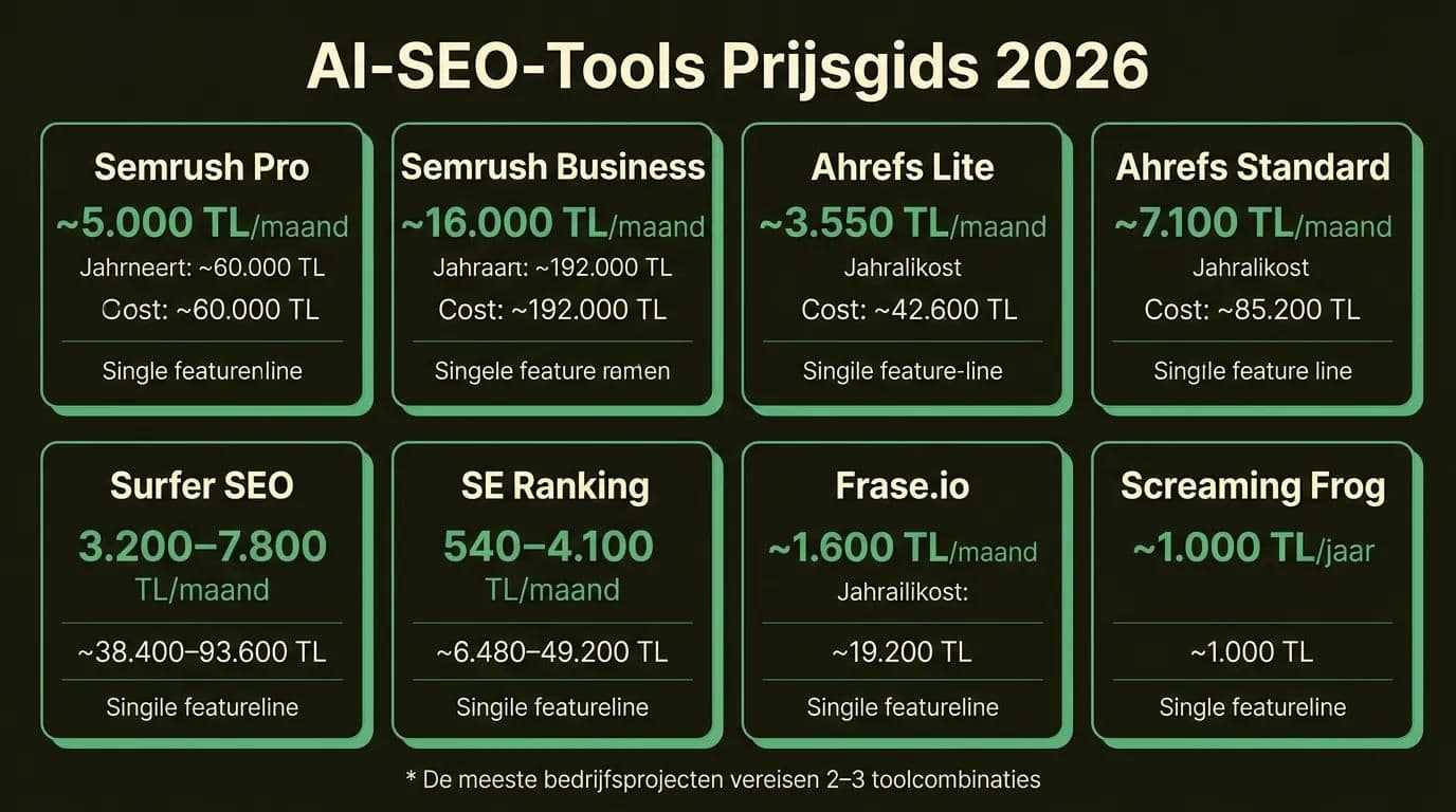 2026 AI-SEO-tools prijsvergelijking: Semrush, Ahrefs, Surfer SEO, SE Ranking maandelijkse prijzen