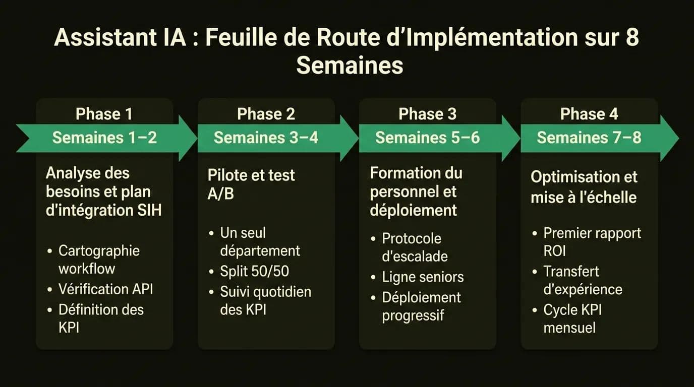 Infographie: Feuille de route d'implémentation sur 8 semaines pour assistant IA de rendez-vous hospitalier