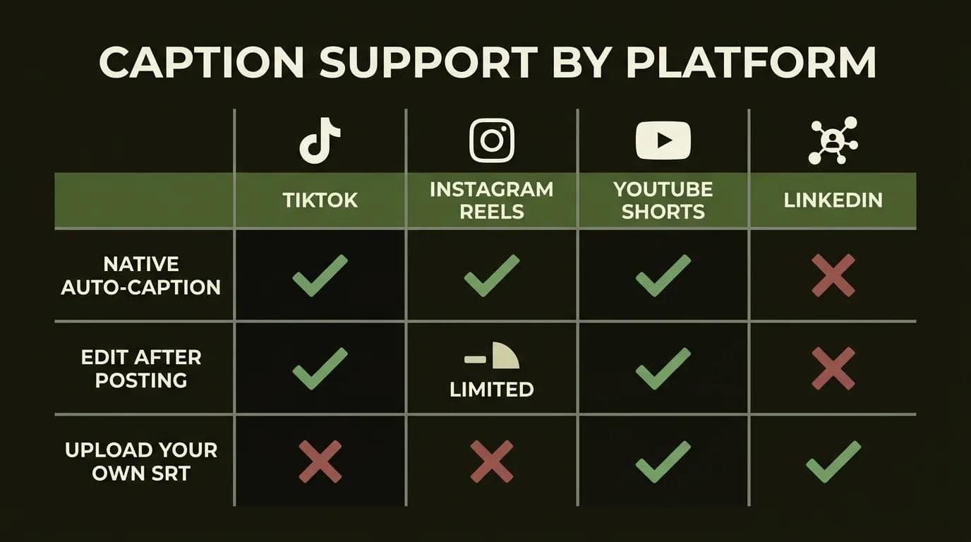 Añadir subtítulos en cada plataforma: comparación entre TikTok, Instagram Reels, YouTube Shorts y LinkedIn