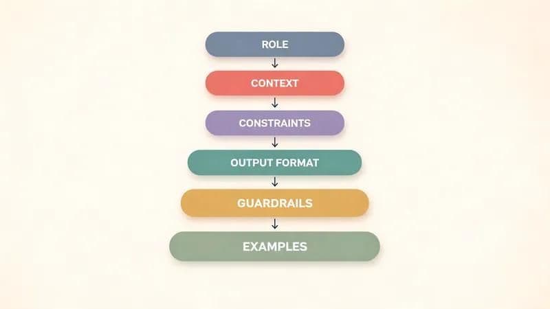 The 6-block anatomy of a system prompt: role, context, constraints, output format, guardrails, and examples stacked in order