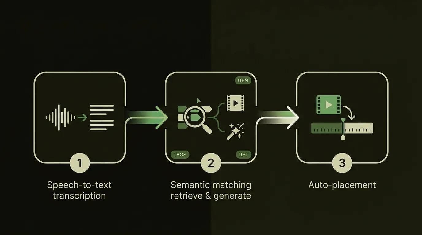 So funktioniert KI-B-Roll – die Pipeline von Transkript zu Auto-Stock oder Generativ bis zur automatischen Platzierung