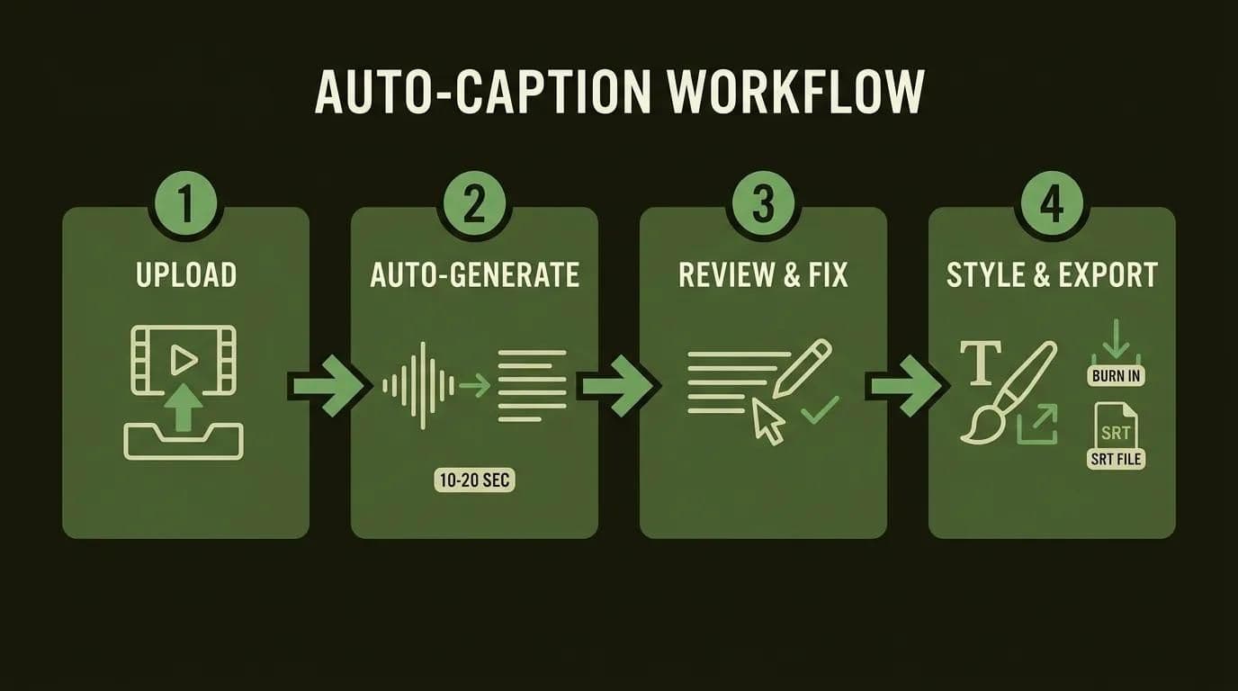 Cómo añadir subtítulos a un video automáticamente: diagrama del flujo de trabajo de subtitulado automático en cuatro pasos
