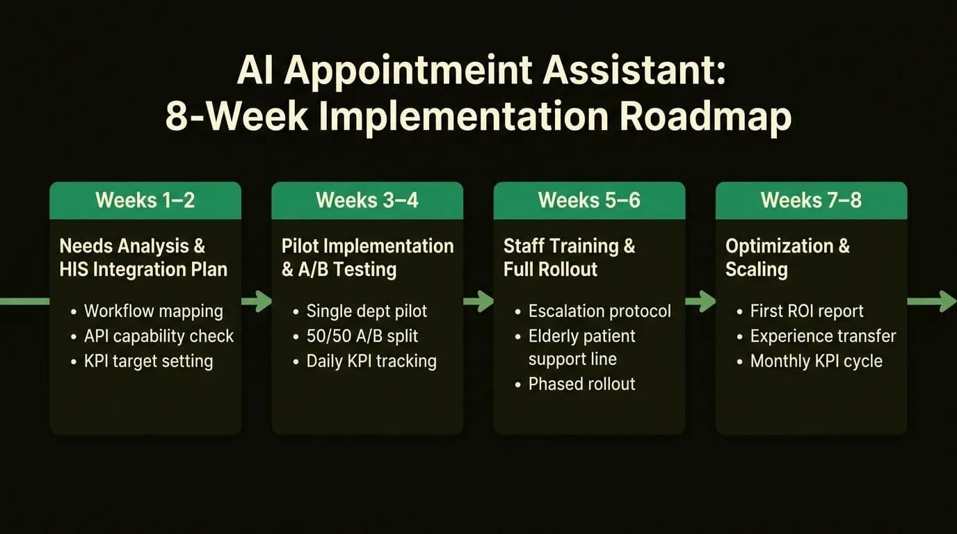 Infografik: tidslinje for 8-ugers implementeringsplan for hospitalets AI-aftaleassistent