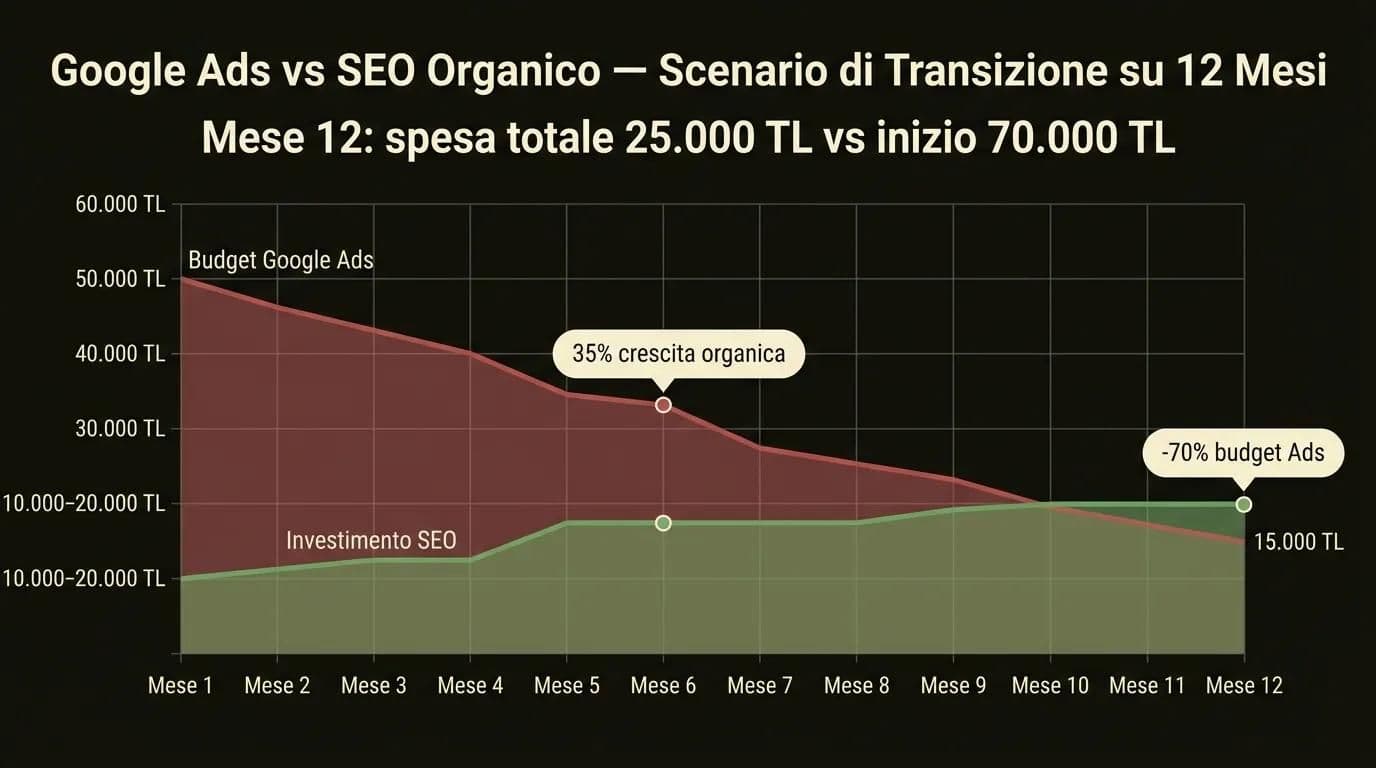 Budget Google Ads vs investimento SEO organico — scenario transizione 12 mesi riduzione 70%