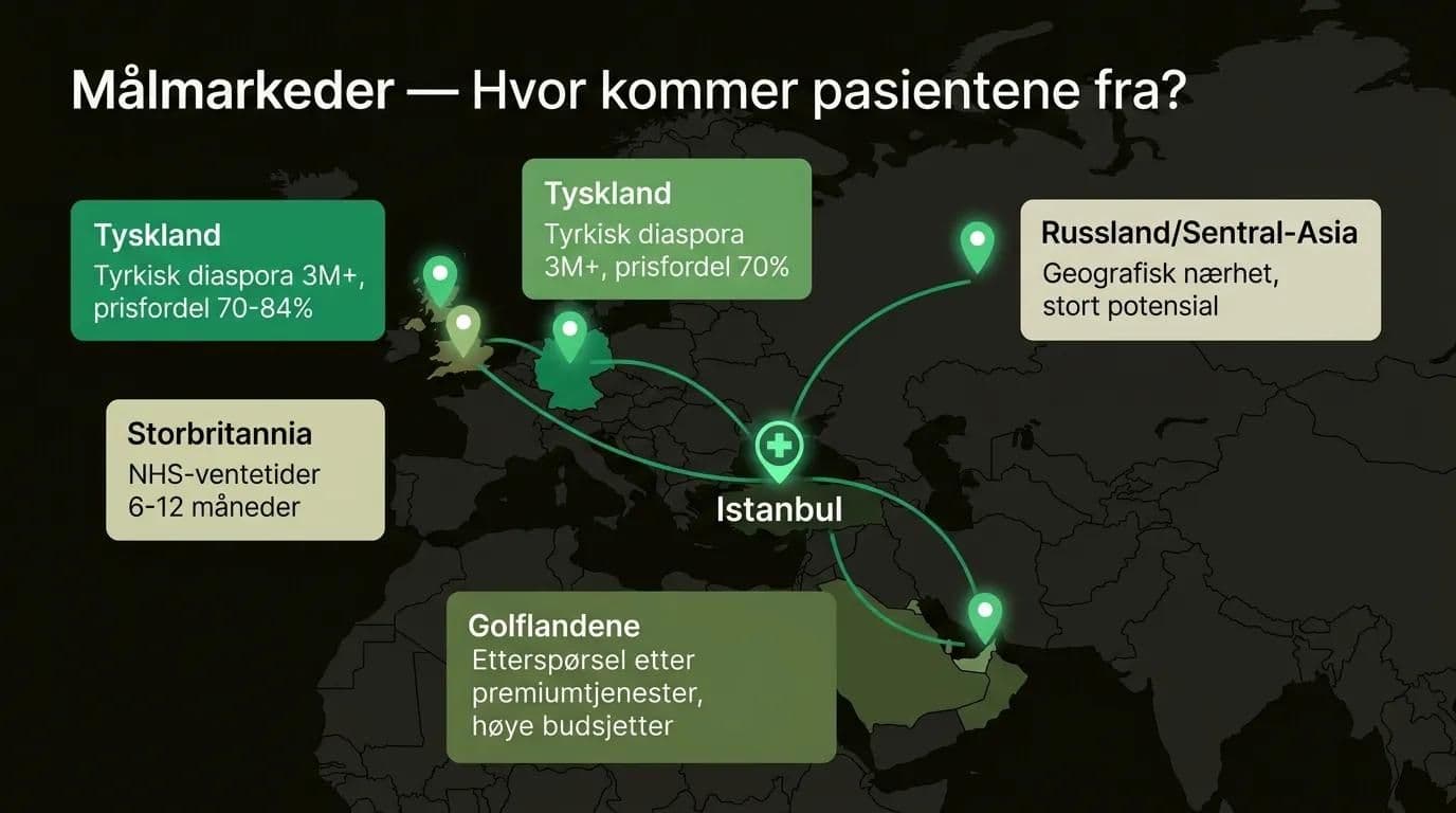 Kart over målland for medisinsk turisme — Tyskland, Storbritannia, Golfland og Russland som pasientkilder