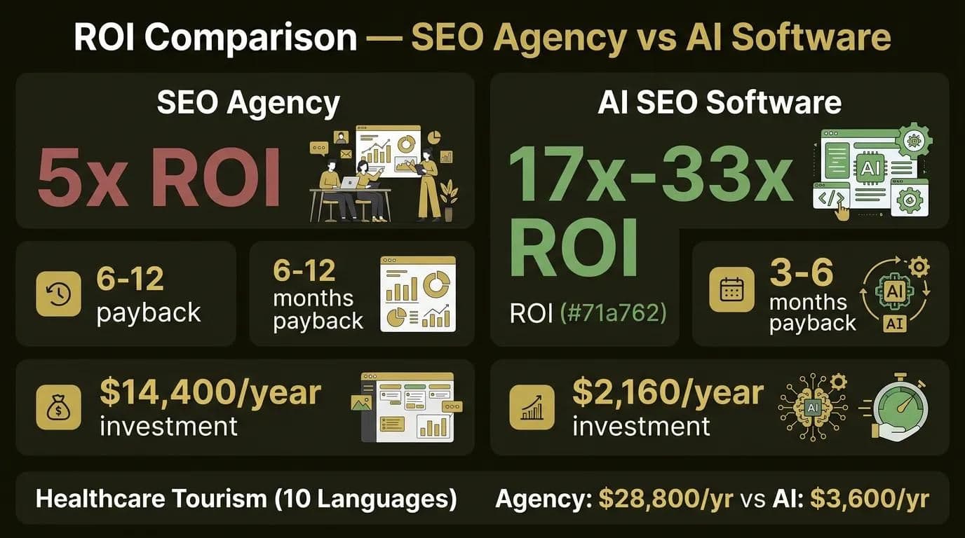 Infográfico de comparação de ROI do investimento em SEO: agência 5x vs software de IA 17-33x