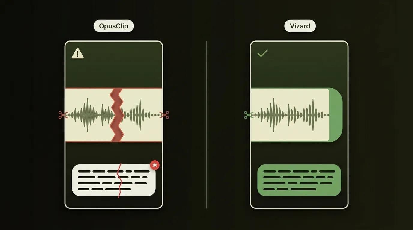 OpusClip vs Vizard Clip-Qualitätstest — Schnitt mitten im Satz gegenüber sauberem Schnitt und einem Untertitelfehler