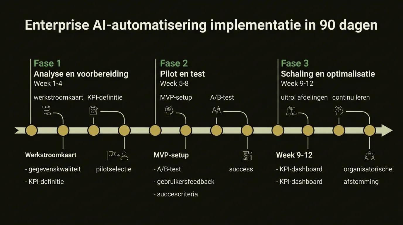 90-daagse implementatieroadmap voor enterprise AI-werkstroomautomatisering: procesanalyse, pilotproject en schaalfasen