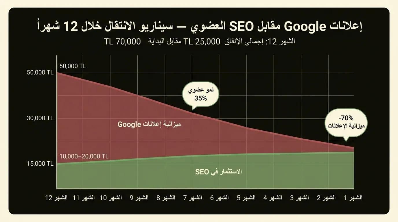 ميزانية إعلانات Google مقابل استثمار SEO العضوي — سيناريو انتقال 12 شهراً لتخفيض التكاليف 70%