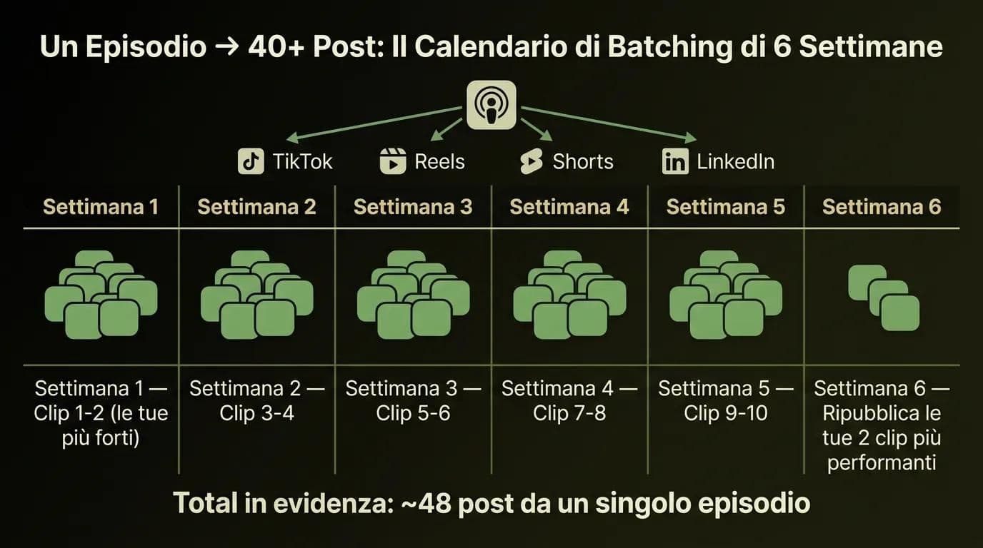 Calendario di pubblicazione di sei settimane che trasforma un episodio podcast in 40+ clip social
